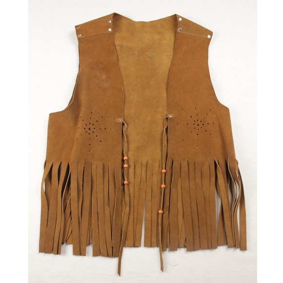 Jackets & Blazers - Vintage Brown Suede Leather Fringe Vest Beaded Hippie Festival Western Boho